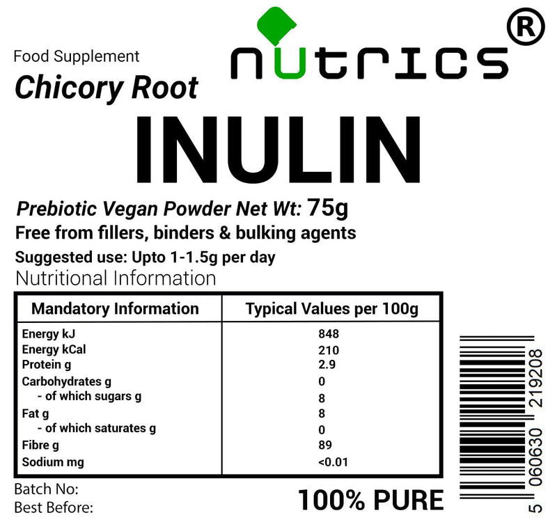 Inulin 75g Prebiotic Powder- Chicory Root Natural Dietary Fibre - Suitable for Vegan Vegetarian Diet 100% Pure - No Additives (75g Inulin Powder) 1 count (Pack of 1)
