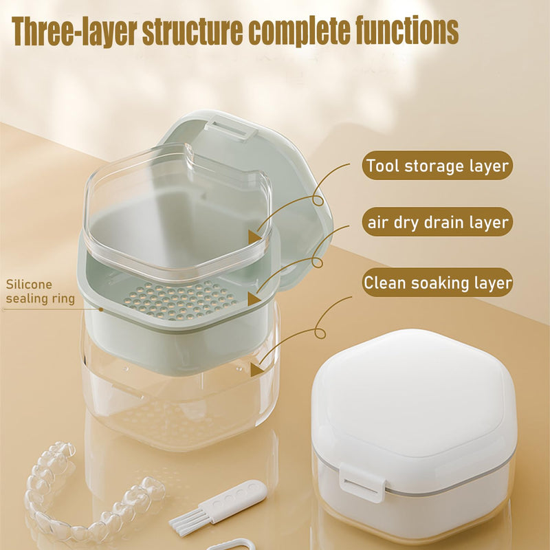 Denture Bath Box Cup with Strainer Basket,teeth Retainer Cleaning Box, Braces Teeth Aligner Case, Clear Braces, Mouth Guard Storage Box Holder for Household|Travel|Office blue