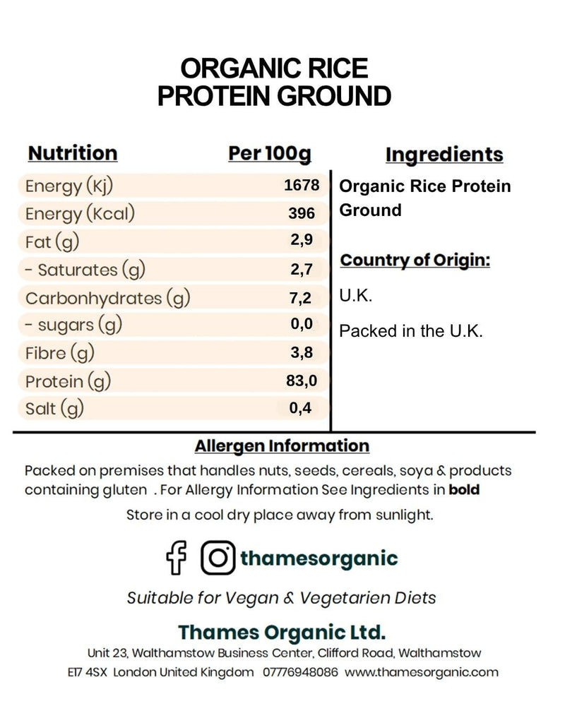 Thames Organic Organic Rice Protein Ground: Premium Plant-Based Protein for Health & Fitness Enthusiasts - Vegan-Friendly 1kg