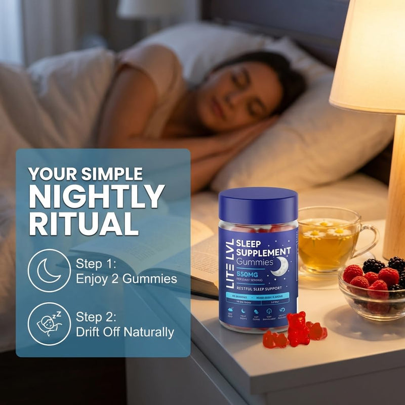 LITE LVL Sleep Gummies for Adults | High Strength with Lemon Balm, Camomile, Lavender & L-Theanine for Relaxation & Sleep Support | Aids Natural Melatonin Production | 60 Vegan & Sugar Free Gummies