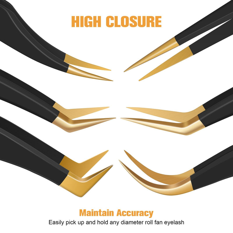 7 Pack Lash Tweezers Set for Eyelash Extensions, High Precision Eyelash Tweezers for Classic & Mega Volume Lashes