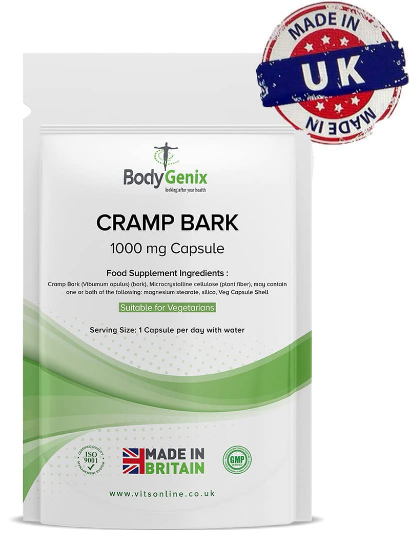 Bodygenix Cramp Bark Capsules - 1000mg Natural Relief Supplement for Menstrual Leg Cramps Supports PMS Healthy Muscles - 120 Capsules, 4 Month Supply