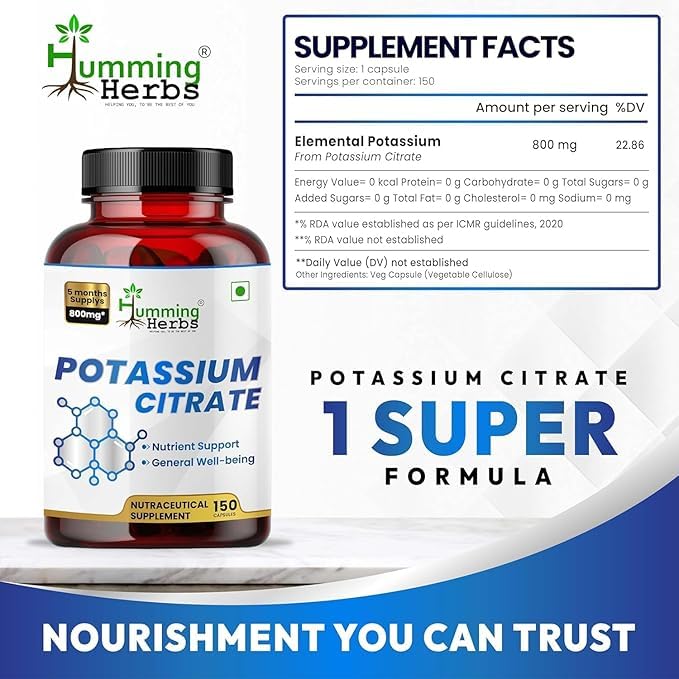 [Australia] - Potassium Citrate 800mg ‚Äì 150 Vegan Capsules | Daily Electrolyte & Mineral Support | No Additives | Non-GMO 150 Count (Pack of 1) 