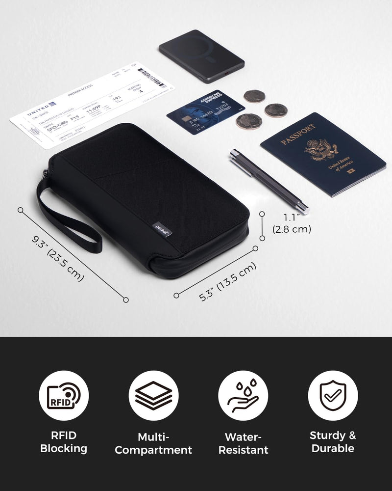 pack all RFID Blocking Passport Holder, Multiple Family Travel Wallet | Water-Resistant, Durable Cordura Fabric, Wrist Strap, Stores Cards, Boarding Pass, ID, Cash, Tickets