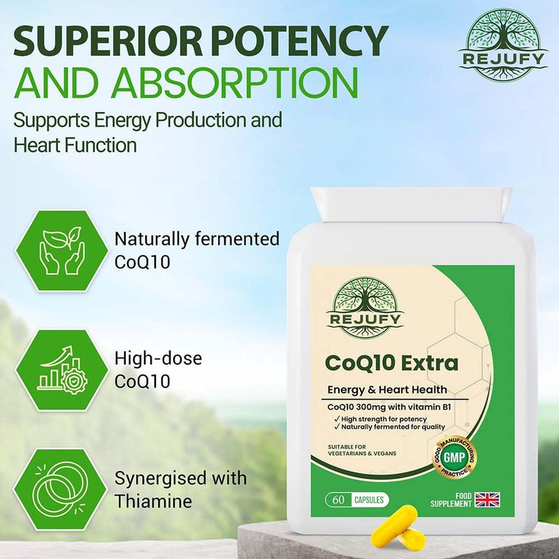CoQ10 Extra, CoQ10 Supplement 300mg & Vitamin B1, 60 Capsule, Energy Heart Health | Co Q10 Supplements Co Q 10 Supplement Co Enzyme CQ10 High Strength CQ10 Supplement Q10 Coenzyme Q10 High Strength
