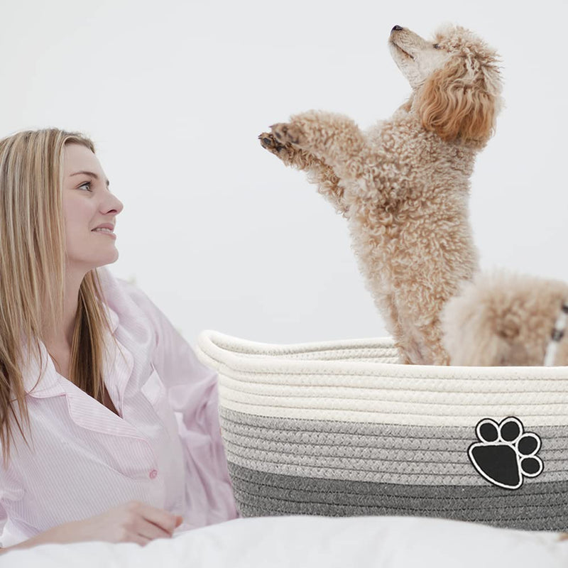 [Australia] - Small Woven Baskets for Organizing Rope Storage Basket with Handle Cute Cotton Basket for Nursery Gift Dog Toy Storage Bins for Toy Organizer Grey-white 