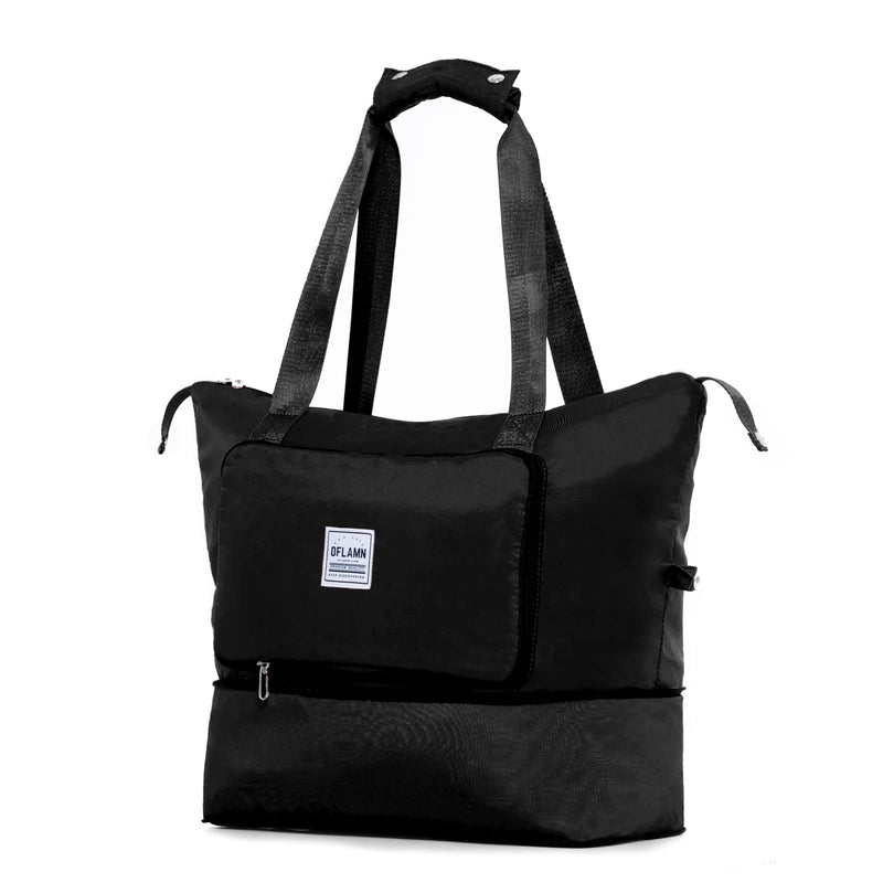 Oflamn Large Capacity Foldable Travel Carry On Duffel Tote Bag with Trolley Sleeve for Airplanes, Toiletry Bags for Women Men Black
