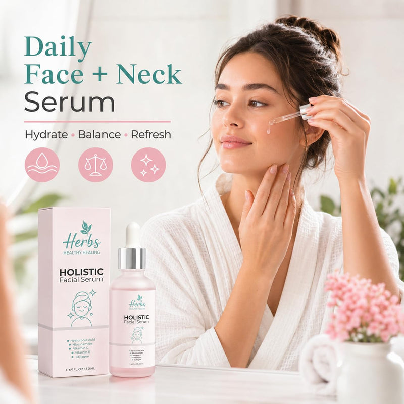 Herbs Healthy Healing Holistic Facial Serum for Face, Hydrating Face Serum with Hyaluronic Acid, Niacinamide, Vitamin C & E, Collagen, Lightweight Dropper Serum, 1.69 fl oz / 50 ml