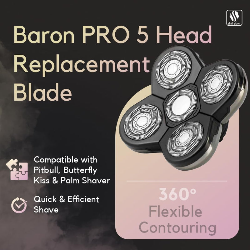 Skull Shaver Baron Replacement Shaver Head Blade - Smooth Close Shave - Wet & Dry Use - Flexible 5-Head Design - Quick Twist Lock - Universal Fit
