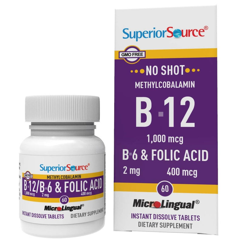 Superior Source No Shot Vitamin B-12 Cyanocobalamin 1000 mcg, B-6, Folic Acid 800 mcg - Support Brain & Heart Health - Aids Natural Energy Levels - 60 Sublingual Dissolving Tablets (Pack of 2) 60 Count (Pack of 2)