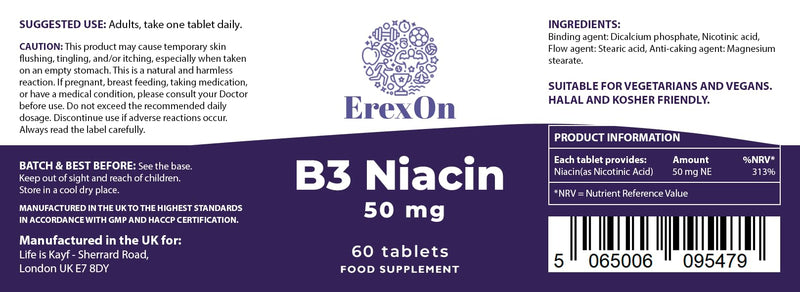 ErexOn Vitamin B3 | Niacin Supplement 50mg | 60 Vegan Tablets with Nicotinic Acid for Energy & Nervous System Health | UK Made