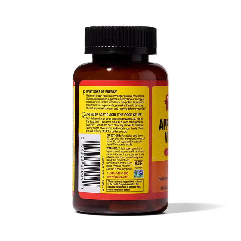 Bragg Energy Apple Cider Vinegar Capsules B Vitamins 90ct - 2 Pack | Organic, boosts natural vitality, gluten-free, non-GMO, vegetarian-friendly, no artificial preservatives, caffeine free 90 Count (Pack of 2)