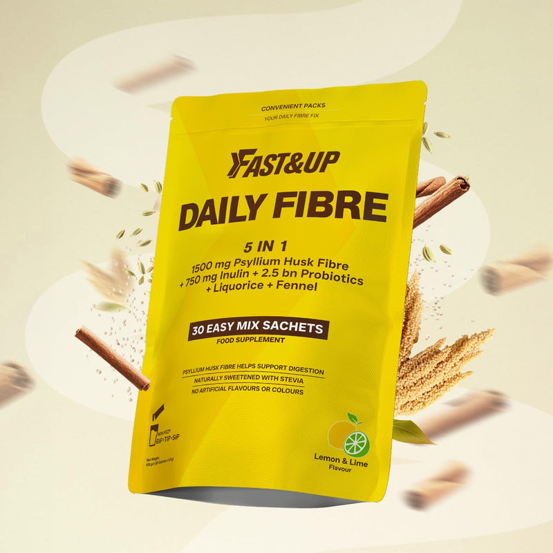 Fast&Up Daily Fibre 5 in1 - Psyllium Husk, Inulin, 2.5 bn Probiotics, Licorice & Fennel for Bowel Regularity & Digestion – Easy Mix Powder – 30 Stick Packs – Lemon & Lime Flavoured Drink