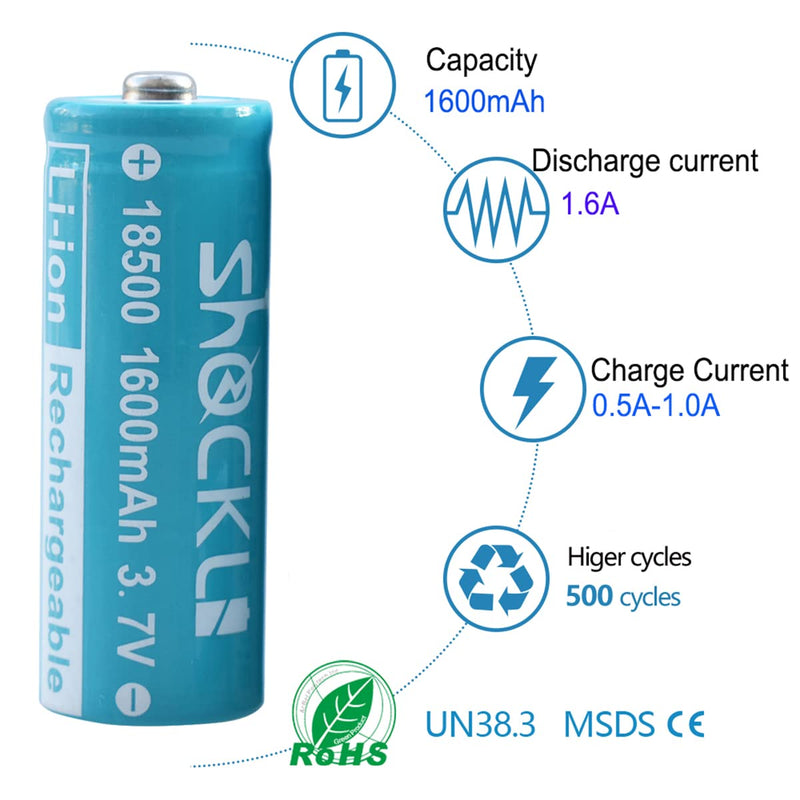 [Australia] - 18500 3.7V Rechargeable Batteries, Shockli 18500 3.7V Li-ion 1600mAh Rechargeable Battery with Button top- (4 Pack) 4-Pack 