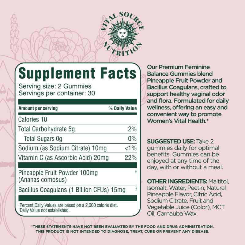 Vital Source Nutrition Vaginal Probiotic Gummies for Women - pH Balance and Immune Defense, Support Healthy Odor and Vaginal Flora - Vegan, Gluten-Free - Hawaiian Pineapple - 60 Gummies - 30 Servings