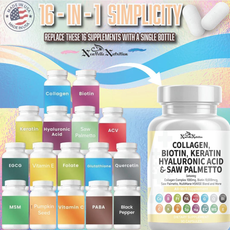 16 in 1 Collagen Supplement - Peptides Types I,II,III & V with Biotin, Keratin, Hyaluronic Acid, Saw Palmetto, Vitamins C & E, Apple Cider Vinegar & PABA - Nail Skin & Hair Health Support Capsules