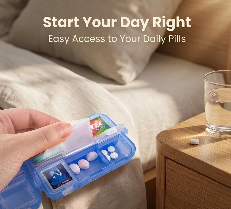 Pill Organizer with 161 Medicine Labels, Daily Travel Pill Case (Purple) | Compact 10-compartment pill case and pill box with 161 medicine labels for 7-day planning, vitamins, supplements, and travel Purple Standard