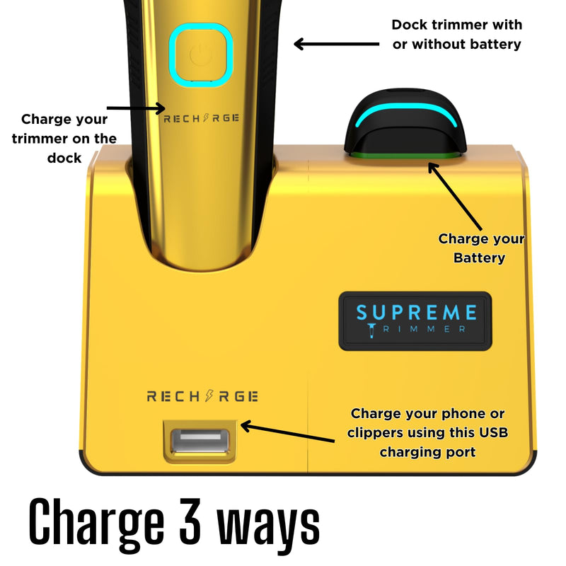 [Australia] - Supreme Trimmer Recharge ST777 – Professional Barber Trimmer with 2 Removable Batteries | 8000 RPM Motor, Zero Gap DLC Blades, Smart Charging Dock, USB-C Fast Charge Gold 