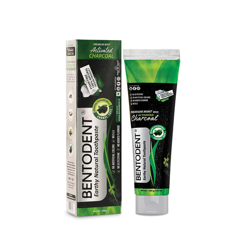 BENTODENT Teeth Whitening Bentonite Clay & Activated Organic Charcoal Toothpaste & Scraper - Detox,Tea Tree, Fluoride Free Adult, Vegan, Travel 3.52 oz