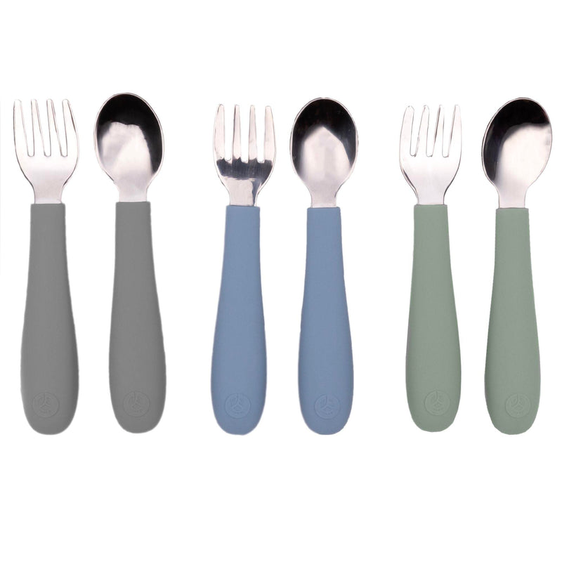 WeeSprout Toddler Utensils, 3 Forks & 3 Spoons, 18/8 Stainless Steel & Food Grade Silicone, Thick Easy-Grip Handles, Perfect Length For New Self Feeders, Gentle On Gums & Teeth, Dishwasher Safe Matte Dark Gray, Blue, Green