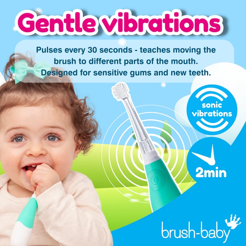 [Australia] - brush-baby BabySonic Infant and Toddler Electric Toothbrush for Ages 0-3 Years - Smart LED Timer and Gentle Vibration Provide a Fun Brushing Experience - includes 2 Sensitive Brush Heads (Teal) Teal 