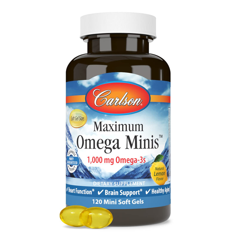 Carlson Maximum Omega Minis, 1000 mg, Omega-3s, Lemon, 120 Mini Softgels | Norwegian; Wild Caught; Sustainably Sourced 120 Count (Pack of 1)