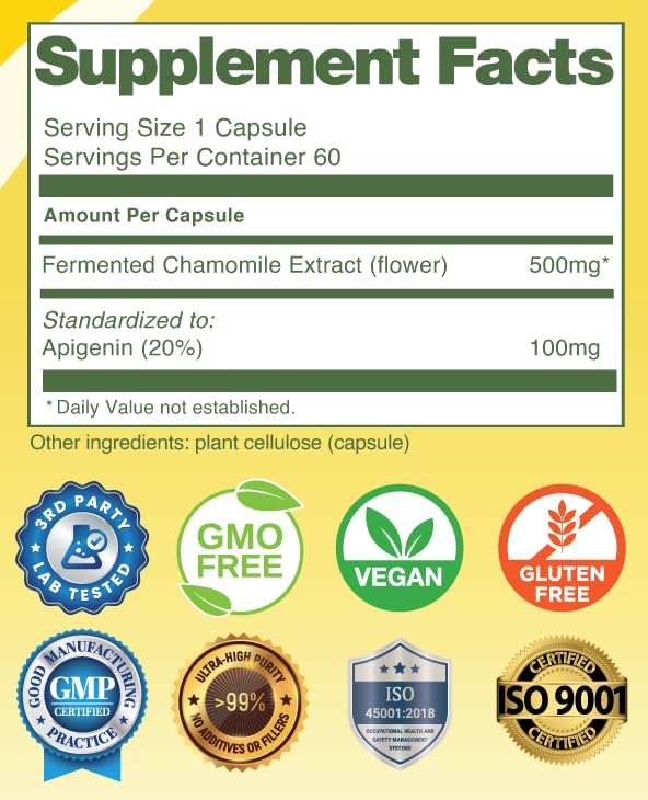 [Australia] - Apigenin | Fermented Chamomile Extract | standardized to 100mg of Apigenin per Capsule | 60 Vegan Capsules (500mg) 