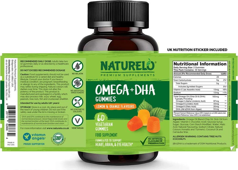 NATURELO Vegetarian DHA and Omega 3 Supplement from Algae and Chia Seed Oil for Heart, Brain and Joint Health - No Fish, Gelatin, or Artificial Sweeteners - 60 Gummies