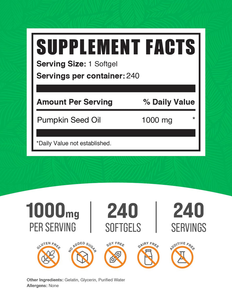 BulkSupplements.com Pumpkin Seed Oil Softgels - Pumpkin Seed Oil Supplement, Pumpkin Seed Oil 1000mg - Herbal Supplement, Gluten Free, 1 Softgel per Serving, 240 Count (Pack of 1) 240 Count (Pack of 1)