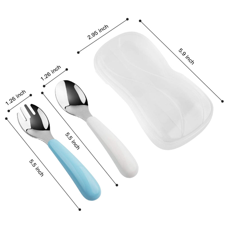 [Australia] - Kirecoo 2 Set Toddler Utensils, Toddler Forks and Spoons, Stainless Steel Toddler Silverware Set, Designed for Self Feeding Flatware Set with Travel Carrying Cases BPA Free (White & Aqua) White & Aqua 