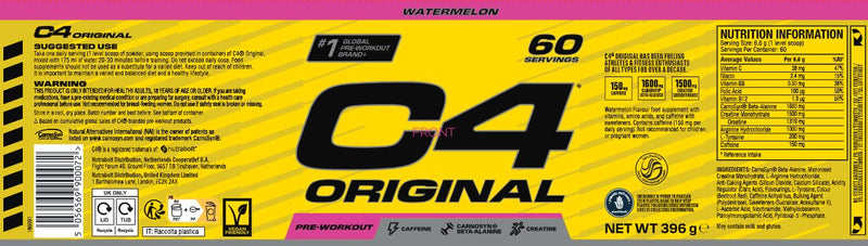 C4 Original Beta Alanine Sports Nutrition Bulk Pre Workout Powder for Men & Women | Best Pre-Workout Energy Drink Supplements | Creatine Monohydrate | Watermelon | 60 Servings