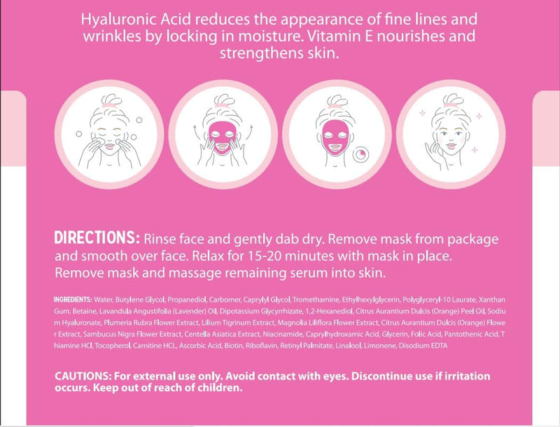 Hyaluronic Acid & Vitamin E Sheet Face Mask - Plumps & Moisturizes Skin, Reduces Wrinkles & Fine Lines, Hydrating Sheet Mask - Cruelty Free Korean Skin Care For All Skin Types - 5 Masks