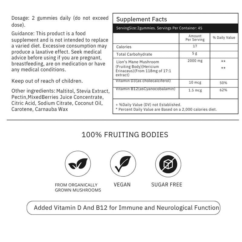 Dual Extract Lion’s Mane Mushroom Gummies with Vitamin D and B - 2000mg per Serving - Focus, Memory & Clarity Support - from Fruiting Bodies - Juicy Berry Flavor - 90 Gummies - 45 Day Program. 90 count (Pack of 1)
