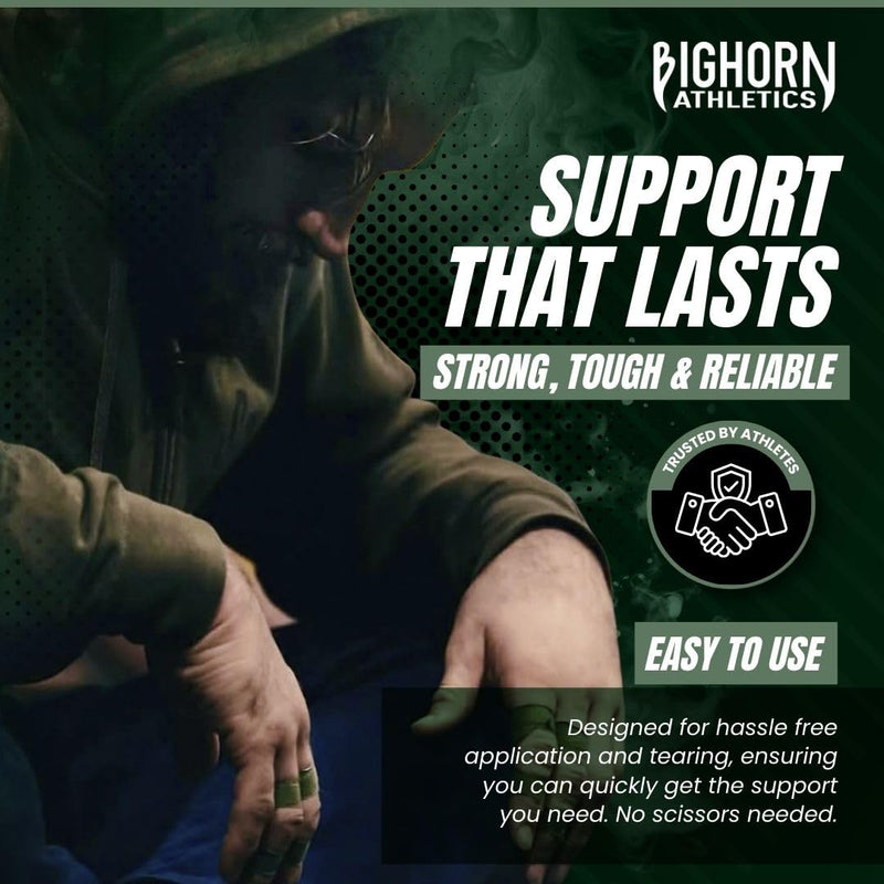 Bighorn Athletics Jiu Jitsu Finger Tape | Athletic Sports Tape for Injuries & Support: BJJ, Judo, MMA, Rock Climbing, Volleyball, Crossfit, Hands & Toes | 0.3-Inch x 45-feet, 8-Rolls, Military Green