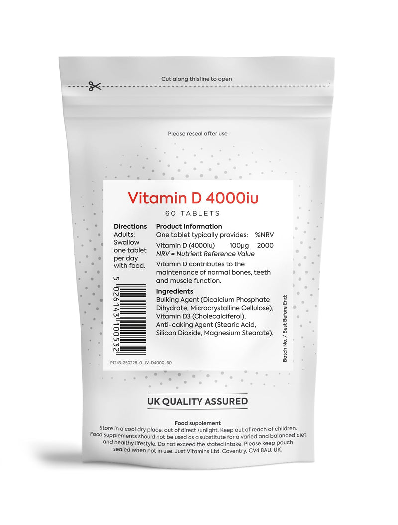 Vitamin D3 4000iu (100µg) | 60 Tablets | High Strength Cholecalciferol | Supports Immune System, Bone & Muscle Health | Easy to Swallow | UK Made Premium Quality | Just Vitamins