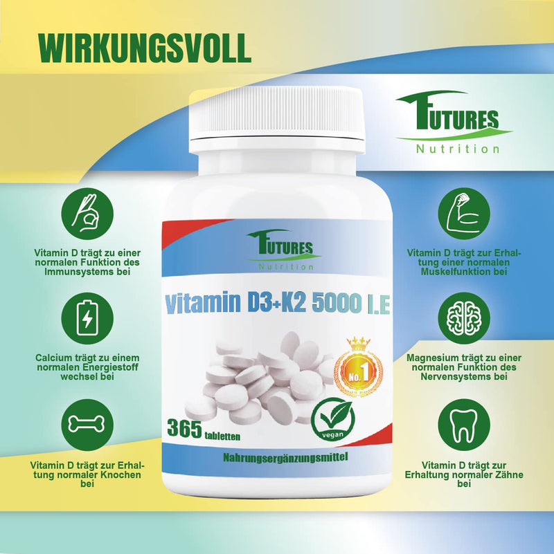 [Australia] - FUTURES NUTRITION 5000 IU Vitamin D3 K2 High Dose | Vegan | Best bioavailability with 99.7+% All-Trans content | Only 1 tablet every 5 days | Laboratory tested purity | 365 tablets 365 pieces (pack of 1) 