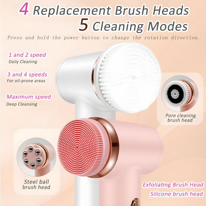 4 in 1 Facial Cleansing Brush, Multi-Function Electrical Face Wash Brush with 5 Speed Adjustable, IPX6 Waterproof Portable Face Scrubber for Deep Cleansing and Exfoliating Pink