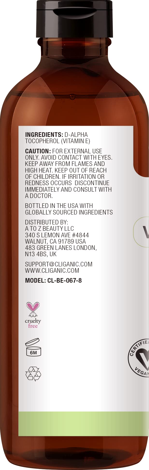 Cliganic Pure Vitamin E Oil for Skin, Scars, Hair & Face 240,000 IU (8oz), Non-GMO Verified | Natural D-Alpha Tocopherol 8 Fl Oz (Pack of 1)