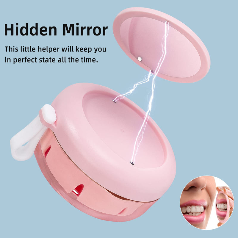 Leak Proof Denture Cup Kit Portable Retainer Case Perfect for Travel, Denture Case Container Cleaning Care for Dentures Aligner Mouth Guard with Denture Brush,Strainer, Removal Tool and Mirror Pink