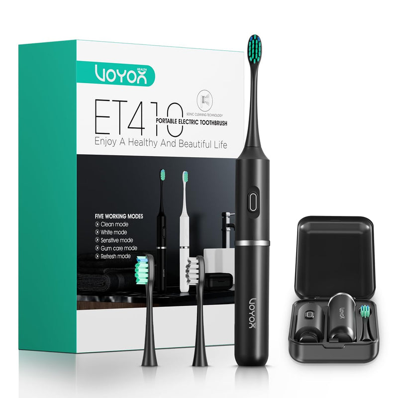 VOYOR-Health Travel Electric Toothbrush, Rechargeable Toothbrushes for Adults, Portable Sonic Toothbrush with 5 Modes, Three-Section Detachable Design with Travel Case ET410 (Black) Black