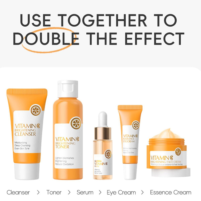 5PCS Vitamin C Skincare Set, Complete Face Care Kit with Cleanser, Toner, Serum, Eye Cream and Face Cream, Moisturizing Anti-Aging Skin