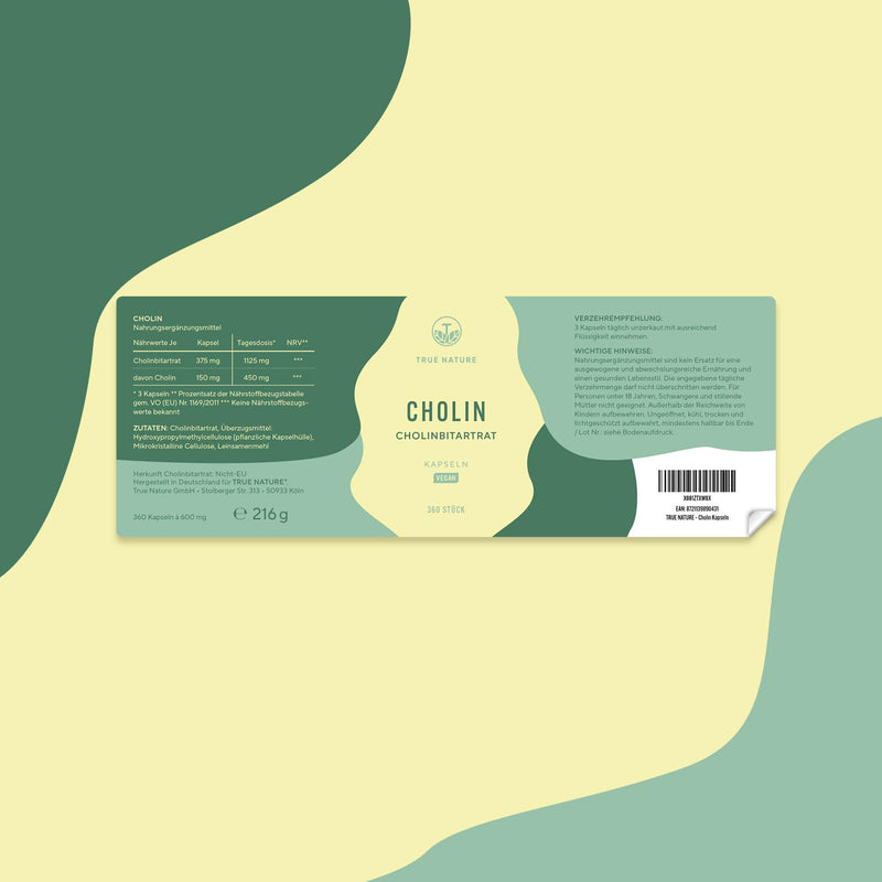 [Australia] - Choline capsules - High dosage: 1125mg - 360 capsules (4 months) - Choline bitartrate - *Liver treatment, homocysteine & fat metabolism (EFSA) - Vegan, German production - TRUE NATURE® 216 g (pack of 1) 