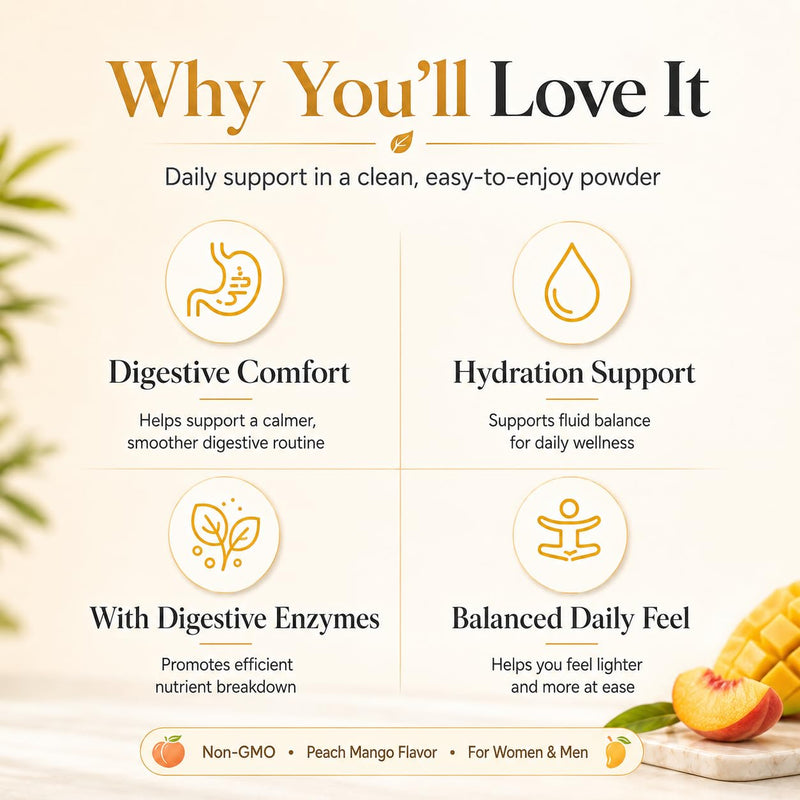 Debloat Powder, Face Debloat and Debloating Support for Men & Women, Digestive Enzymes with Vitamin C, Dandelion Root & Horsetail Extract, Non-GMO Peach Mango Flavor, 200g / 7.05 oz 1pc