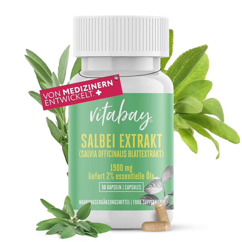 [Australia] - Vitabay Sage Extract 1900 mg - 90 VEGAN Sage Capsules High Dose - Sage Tablets Made from Leaf Extract (Salvia officinalis, 2% Essential Oils) - Sage Capsules as Extract 10:1 54 g (Pack of 1) 