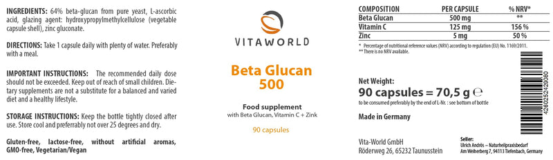 Vita World Beta Glucan - Beta Glucan Capsules High Dose 500mg per Day (90 Vegan Capsules) - High Bioavailability with Vitamin C + Zinc - No Additives & Gluten