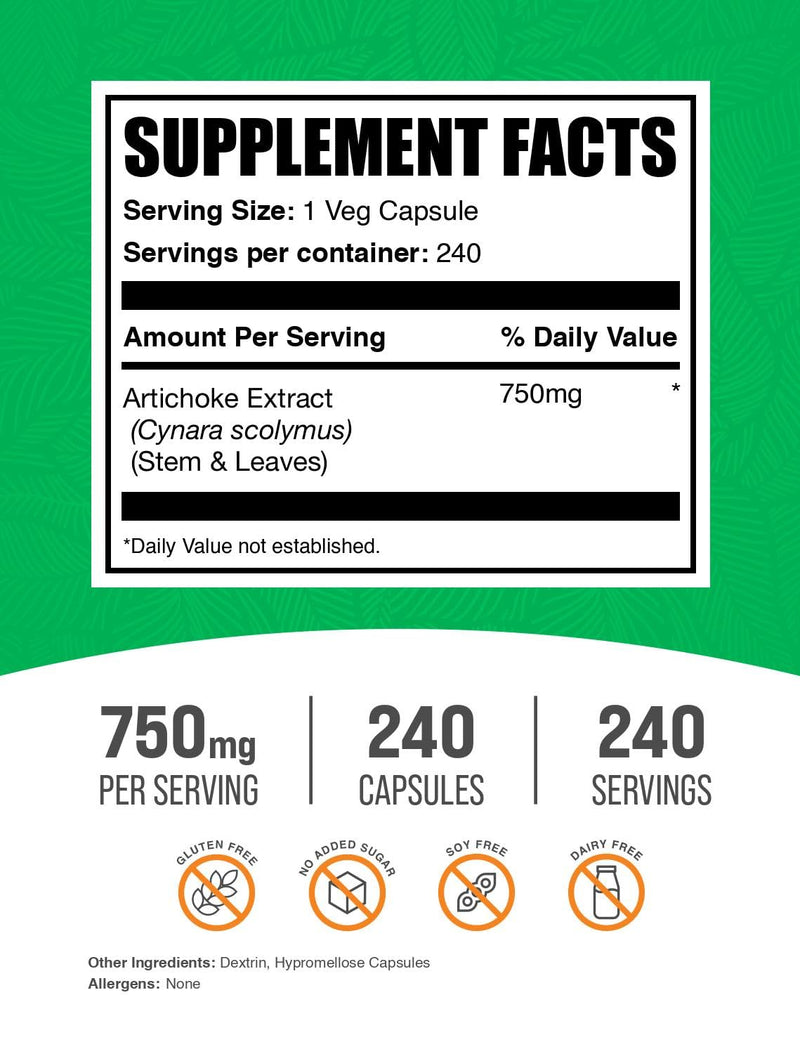 [Australia] - BulkSupplements.com Artichoke Extract Capsules - Artichoke Extract for Liver Support, Herbal Supplement - Vegan & Gluten Free, 1 Capsule per Serving (750mg), 240 Veg Capsules (Pack of 1) 