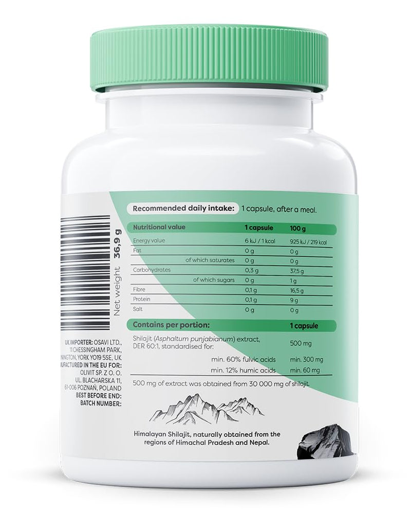Osavi Himalayan Shilajit 500 mg – 60 Vegan Capsules | Standardised to 60% Fulvic & 12% Humic Acids | Natural Mumijo Extract from Himalayas (Himachal Pradesh & Nepal) | Ayurvedic Tradition