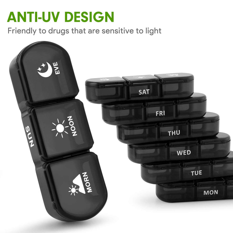 Fullicon Large Weekly, Travel Pill Organizer 3 Times a Day, Black | Each Compartment Holds 12 Fish Oils or 13 Vitamins, 21 Compartments, Secure Embedded Buckle, Travel Friendly, BPA Free