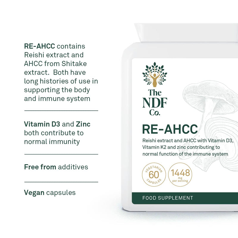 RE-AHCC - 5 in 1 Supplement with Reishi Extract, AHCC, Zinc, Vitamin D and K, 60 Count (Pack of 1)
