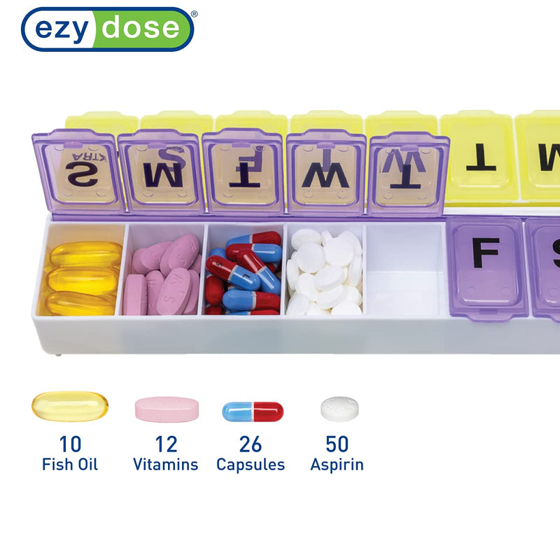 EZY DOSE Weekly (14-Day) Daily Pill Case, Medicine Planner, Vitamin Organizer, Supplement Container, 2 Detachable Weeks + Extra, Large Snap Compartments, Easy Open, Color May Vary, BPA Free Large (14-Day)